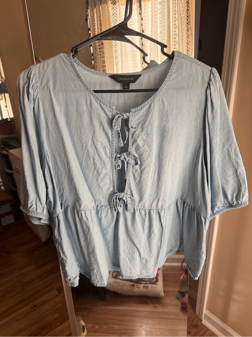 Light Chambray Tie-Front Peasant Blouse